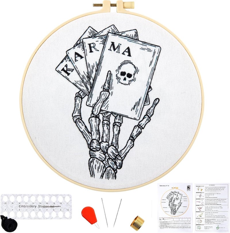 Crafmanoe Gothic Tarot Embroidery Kits for Beginners Adults, Halloween Hand Bone Embroidery Starter Kits, Skull Cross Stitch Kits for Beginner Adults Hobbies for Women, Embroidery Fabric, Hoops & Video Tutorial - Image 1